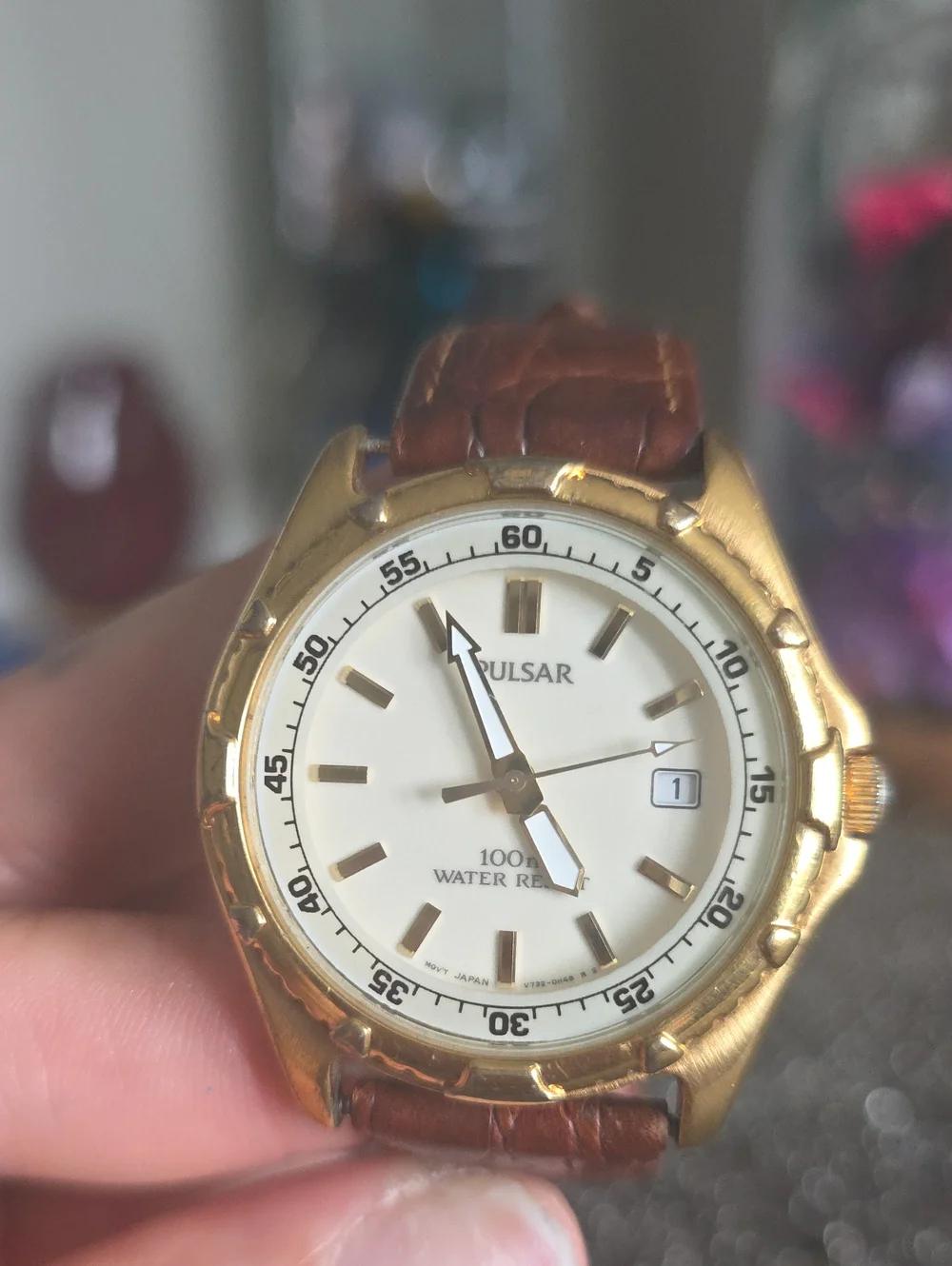 Pulsar Gold-Tone Men's Watch with White Dial and Brown Strap